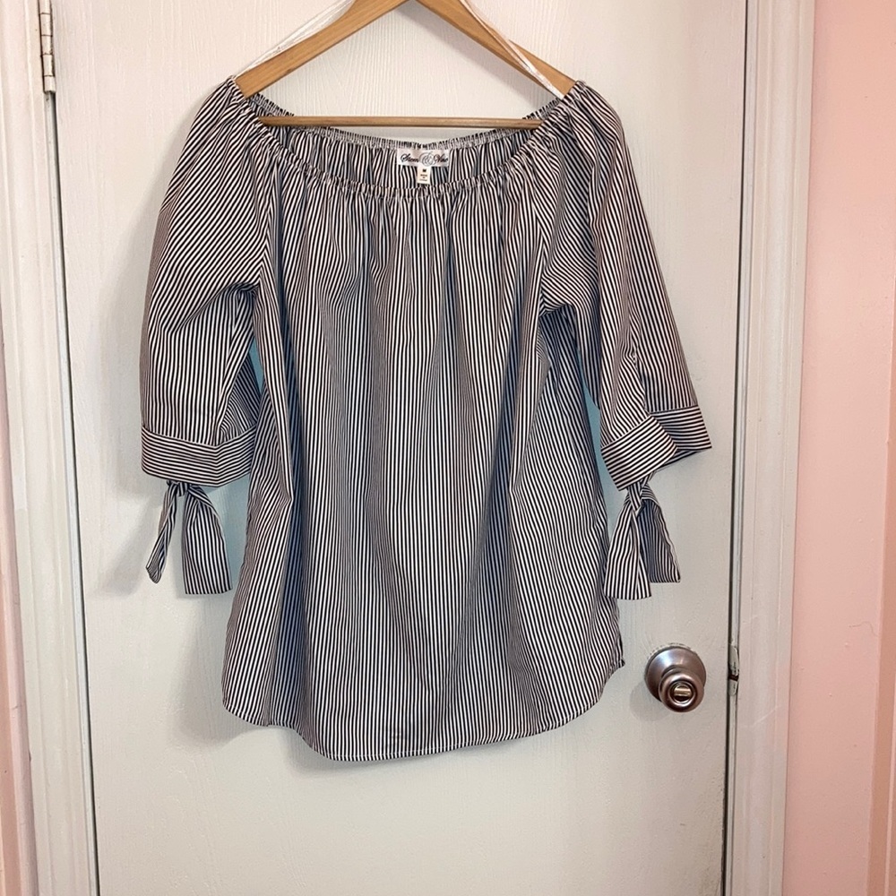 Off the shoulder black and white striped top with tie sleeves